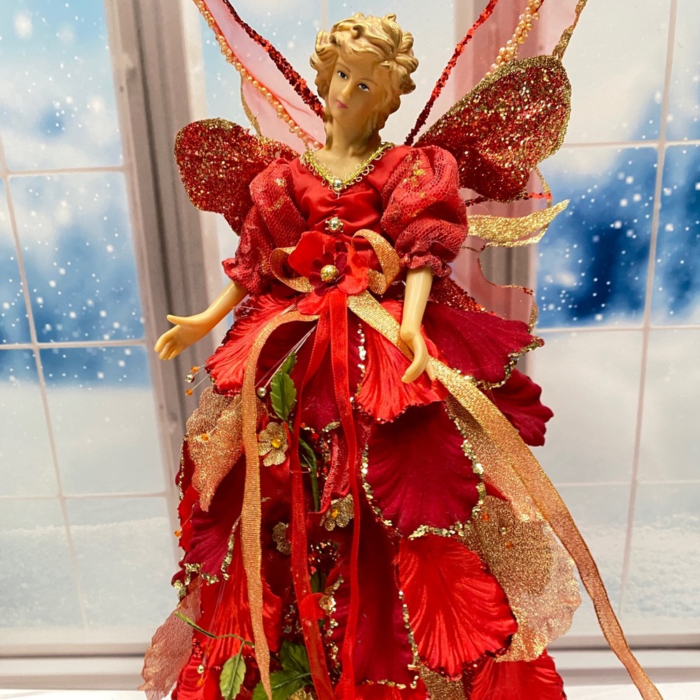 VTG 15” Red Petal Fairy Angel Tree Topper Layered Petal Gown, Glitter Wings - Picture 5 of 9